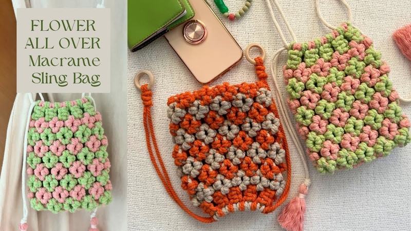 Flower All Over Drawstring Macrame Sling Bag with Adjustable Strap, Macrame